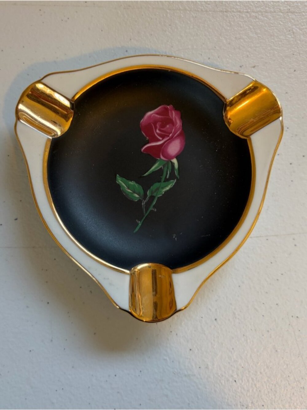 Vintage Japan Hollywood Regency Porcelain Ashtray Rose Gold Black Trinket Dish